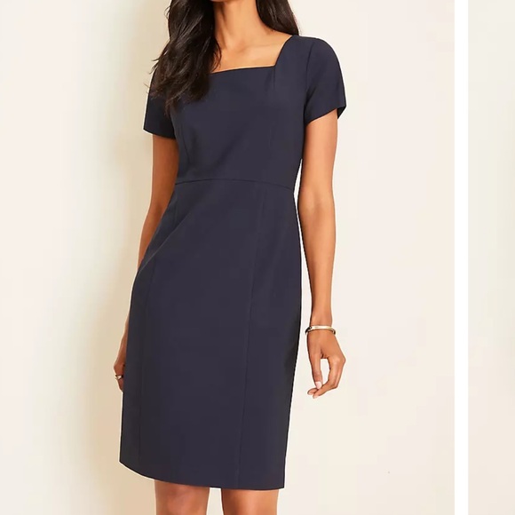 NWT 4 Ann Taylor Petite Square Neck Sheath Dress Seasonless Stretch Navy Classic - Picture 1 of 15